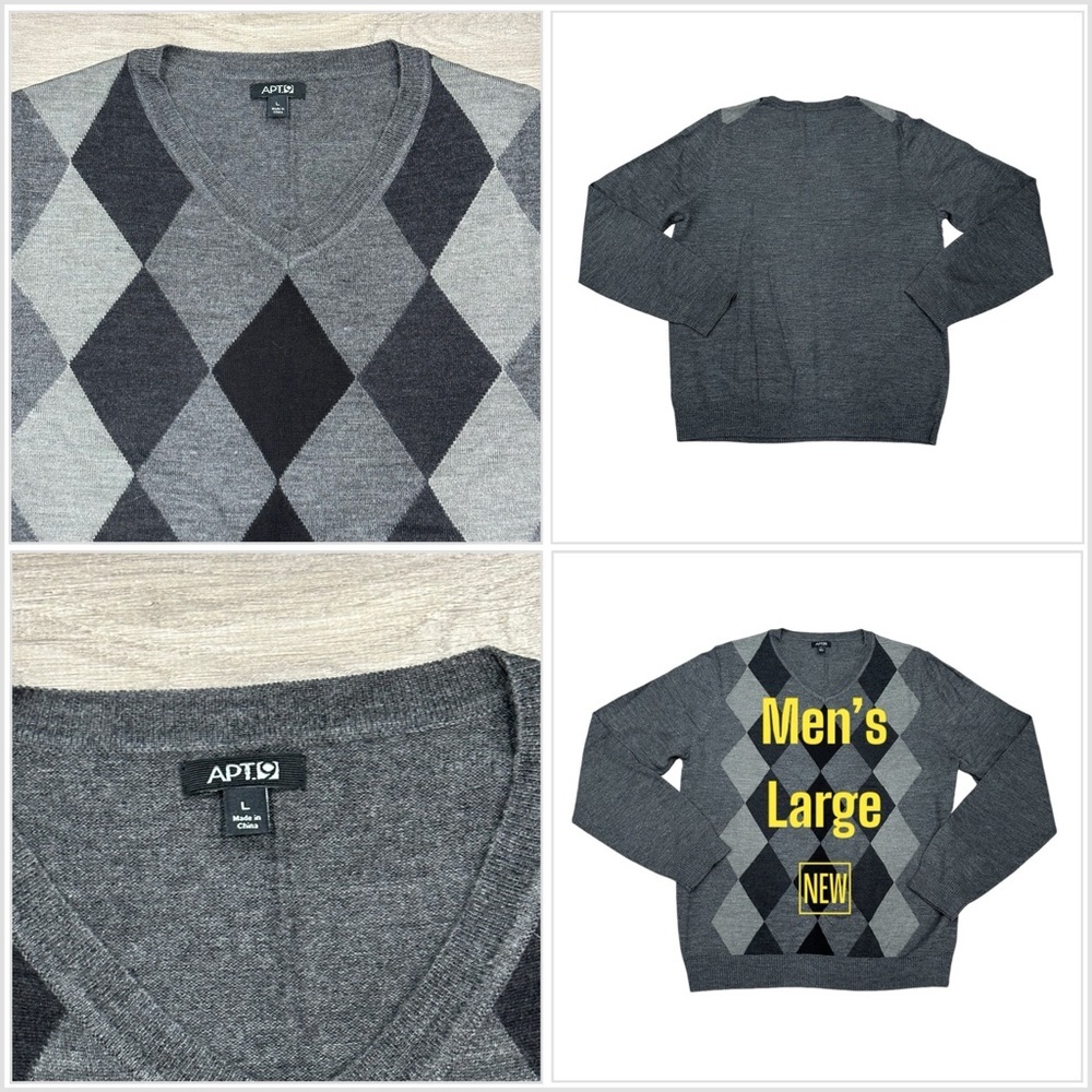 Apt. 9 Large 42 - 44 V-Neck Sweater Argyle Wool Blend Gray Charcoal Diamond NWOT
